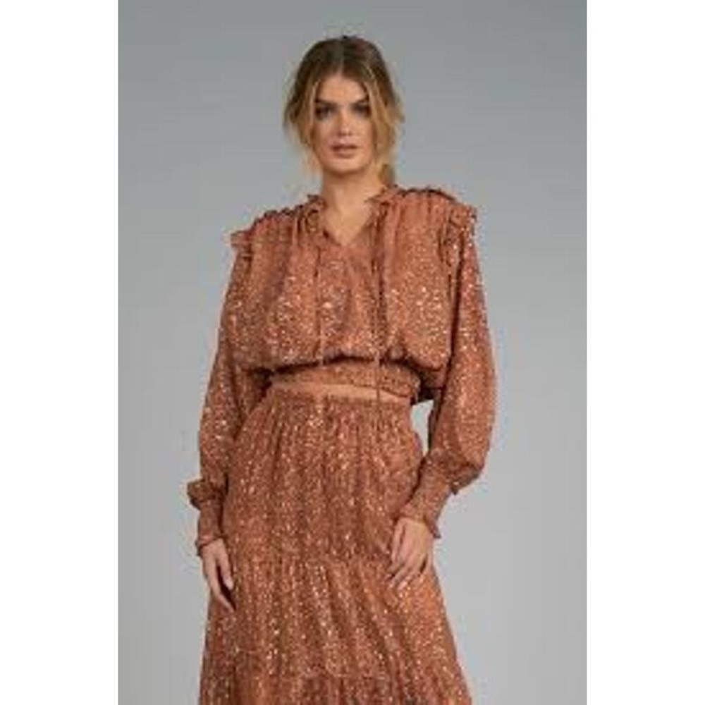 ELAN Ruffle Smocked Copper Paisley Print Alicia Top Long Sleeve Size S